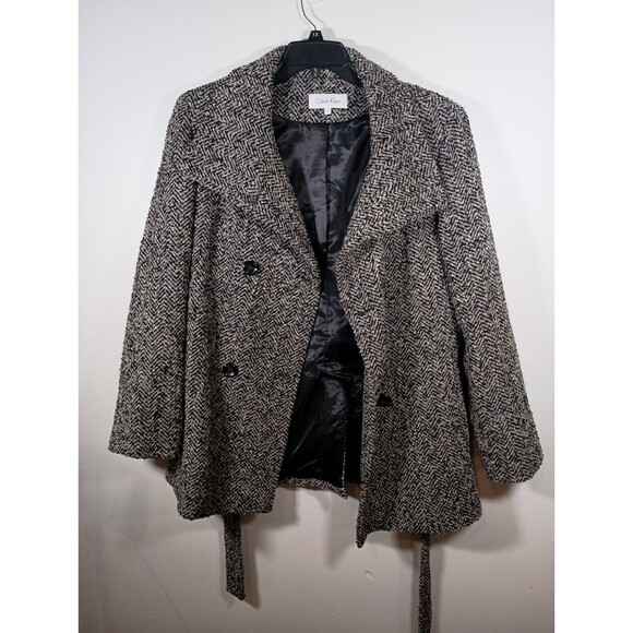 Calvin Klein Herringbone Double Breasted Wool Blend Belt Tweed Pea Coat Size 16 - Picture 3 of 8